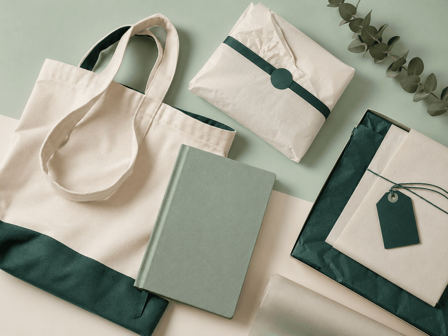 Minimal product lookbook with tote bag and notebook.