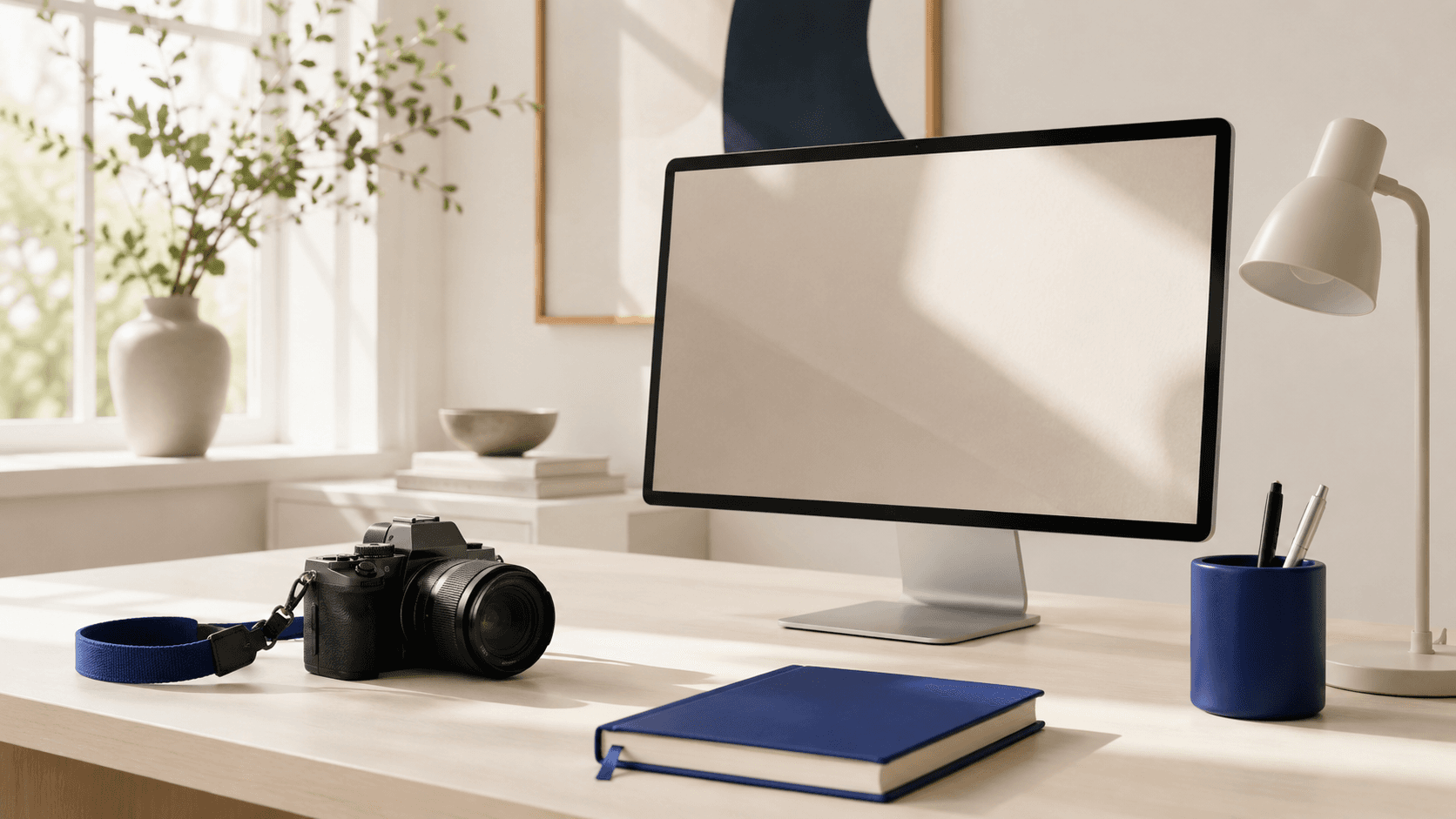 Creator desk with camera, notebook, and monitor.