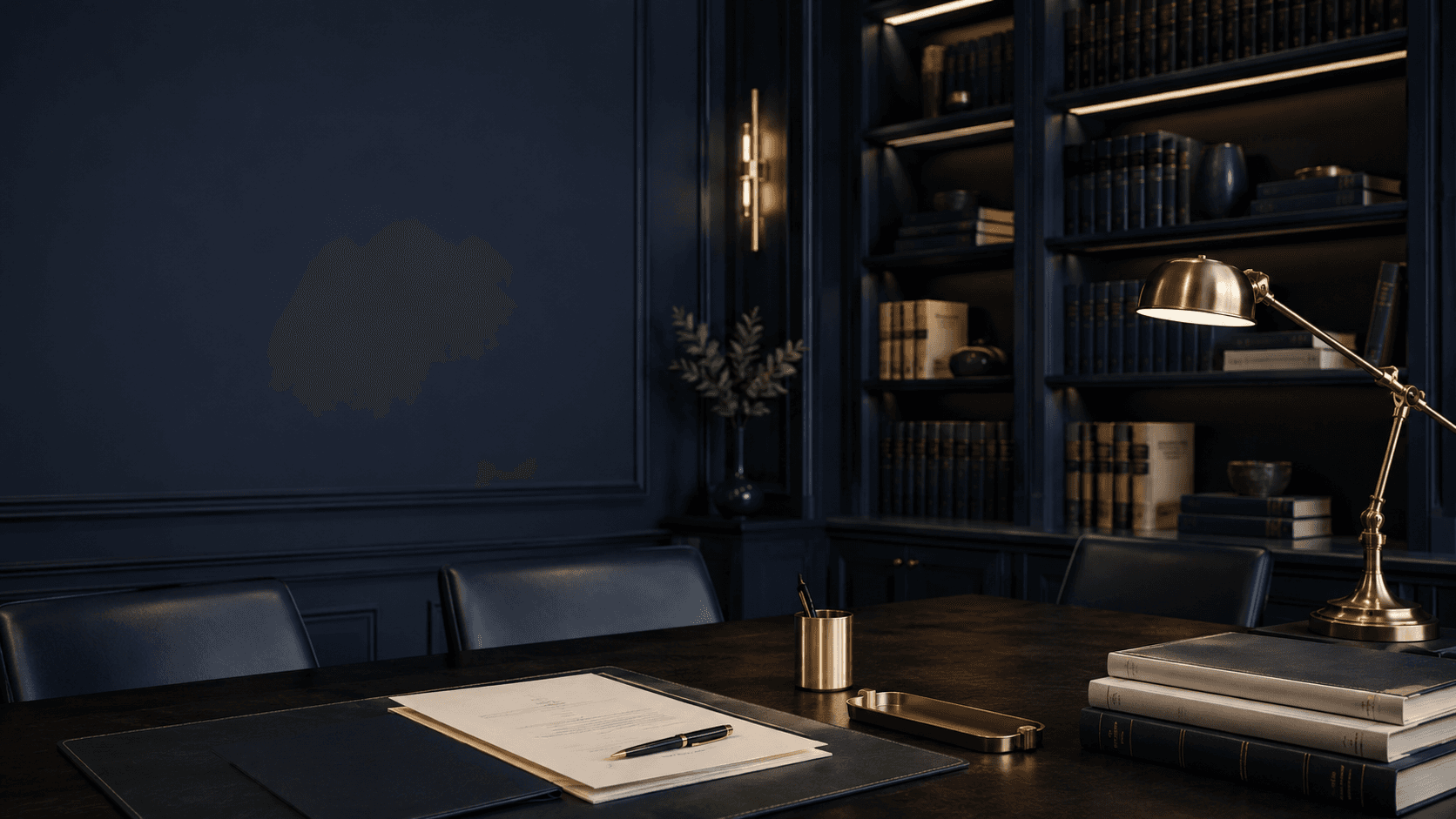 Formal legal library and conference table with no real firm branding.