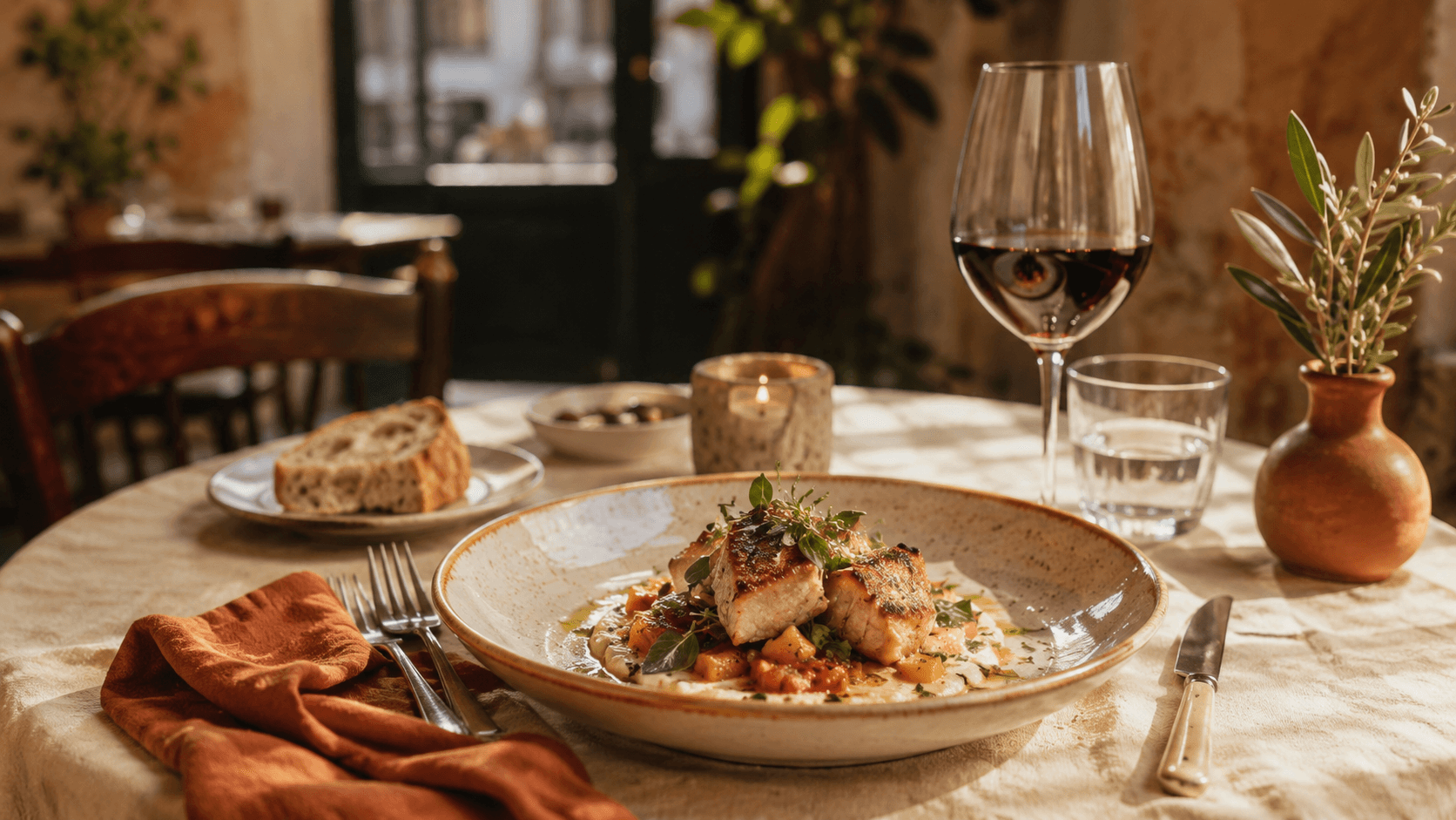 Restaurant table with plated dish and warm lighting.